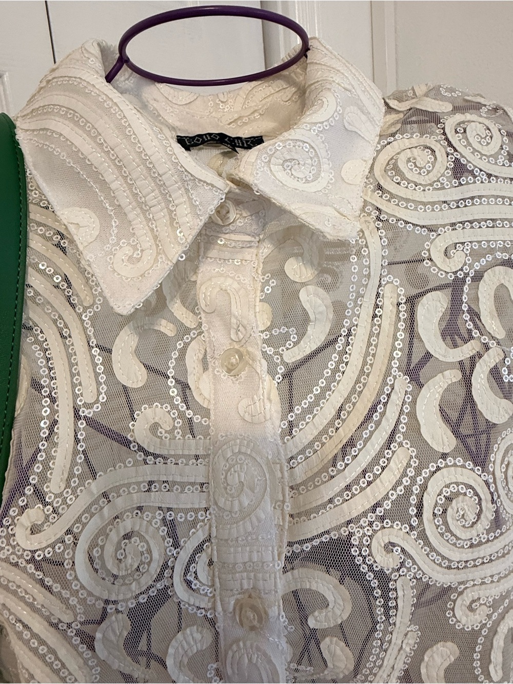Sheer White Embroidered Button-Up Blouse - Elegant Women's Top - Picture 6 of 8